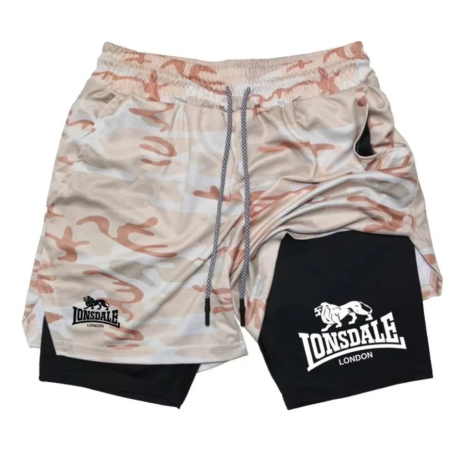 Print 2-in-1 men's running shorts, gym workout with mobile phone pocket, towel ring, summer sportswear
