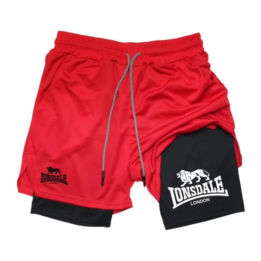 Print 2-in-1 men's running shorts, gym workout with mobile phone pocket, towel ring, summer sportswear