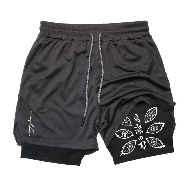 New Demon Slayer Anime Printed Running Double Shorts Men's Summer New Gym Sports Cycling Hiking New 2-in-1 Shorts