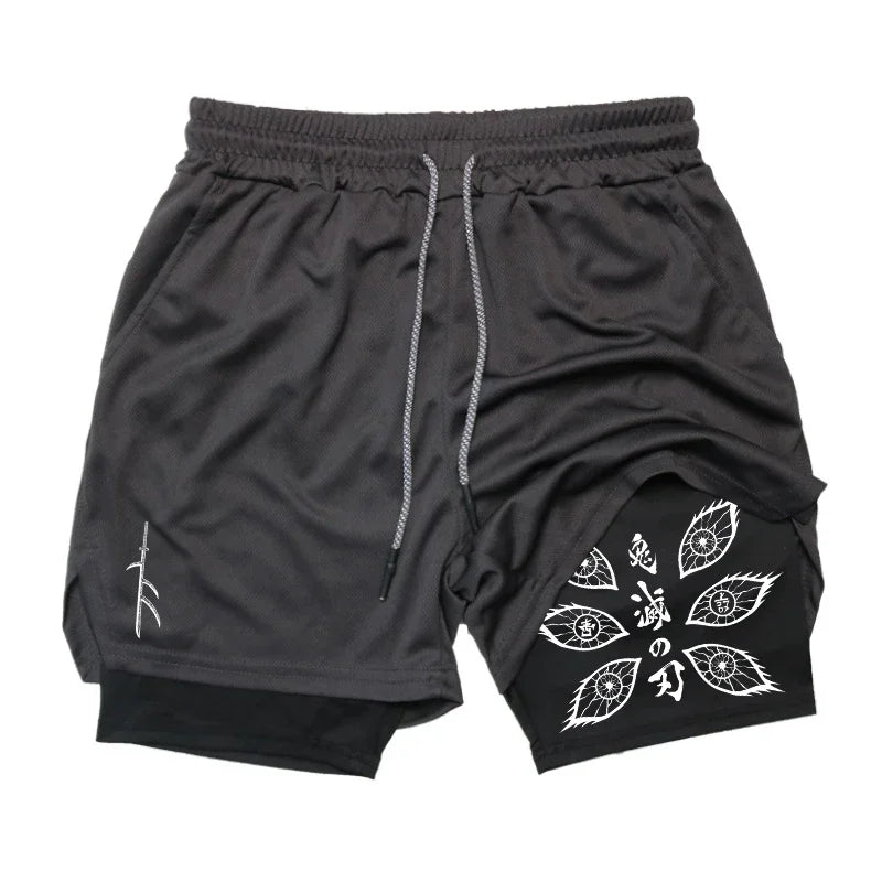 New Demon Slayer Anime Printed Running Double Shorts Men's Summer New Gym Sports Cycling Hiking New 2-in-1 Shorts