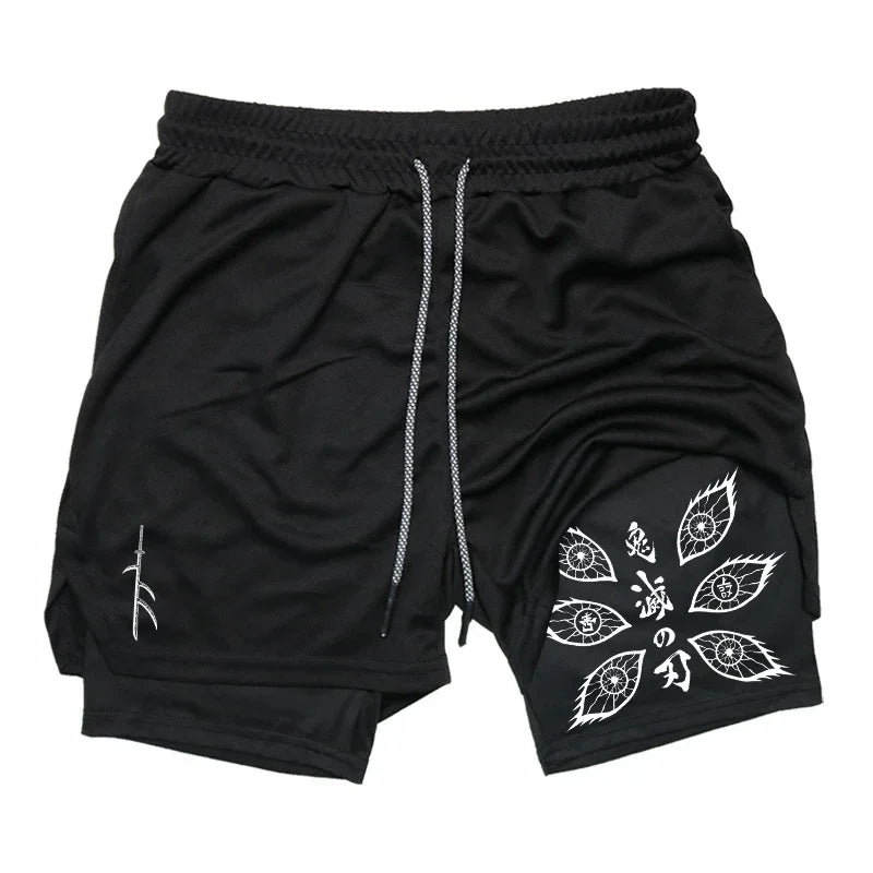 New Demon Slayer Anime Printed Running Double Shorts Men's Summer New Gym Sports Cycling Hiking New 2-in-1 Shorts