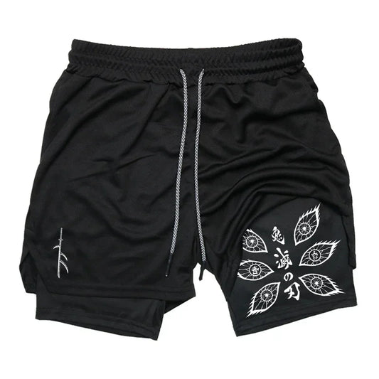 New Demon Slayer Anime Printed Running Double Shorts Men's Summer New Gym Sports Cycling Hiking New 2-in-1 Shorts