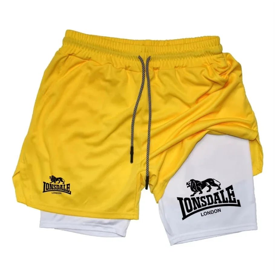 Print 2-in-1 men's running shorts, gym workout with mobile phone pocket, towel ring, summer sportswear