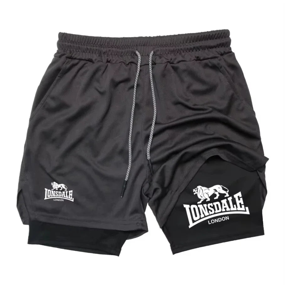 Print 2-in-1 men's running shorts, gym workout with mobile phone pocket, towel ring, summer sportswear