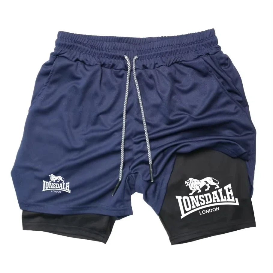 Print 2-in-1 men's running shorts, gym workout with mobile phone pocket, towel ring, summer sportswear