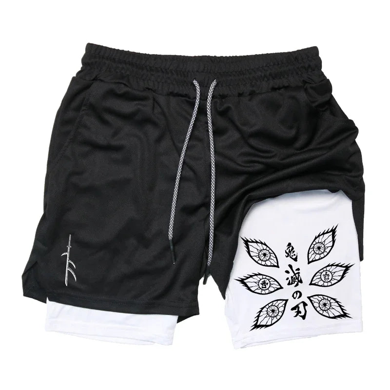 New Demon Slayer Anime Printed Running Double Shorts Men's Summer New Gym Sports Cycling Hiking New 2-in-1 Shorts