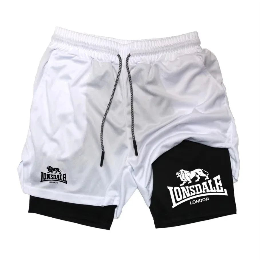 Print 2-in-1 men's running shorts, gym workout with mobile phone pocket, towel ring, summer sportswear
