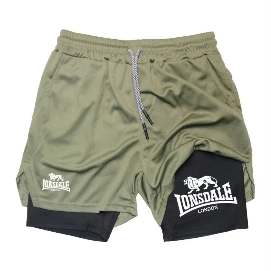 Print 2-in-1 men's running shorts, gym workout with mobile phone pocket, towel ring, summer sportswear