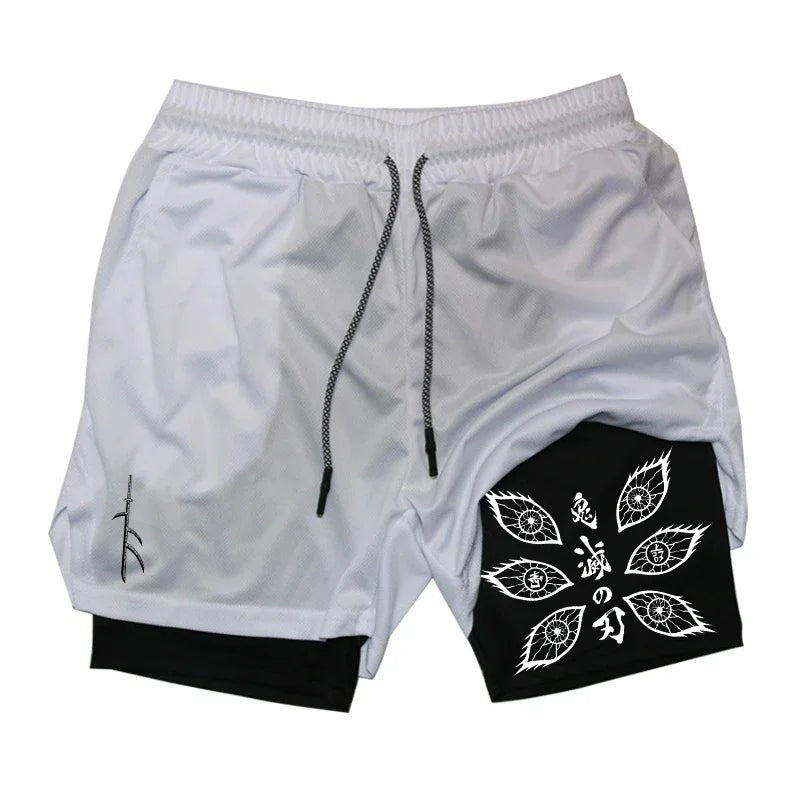 New Demon Slayer Anime Printed Running Double Shorts Men's Summer New Gym Sports Cycling Hiking New 2-in-1 Shorts
