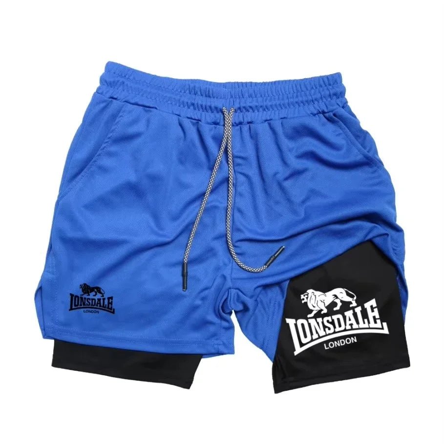 Print 2-in-1 men's running shorts, gym workout with mobile phone pocket, towel ring, summer sportswear