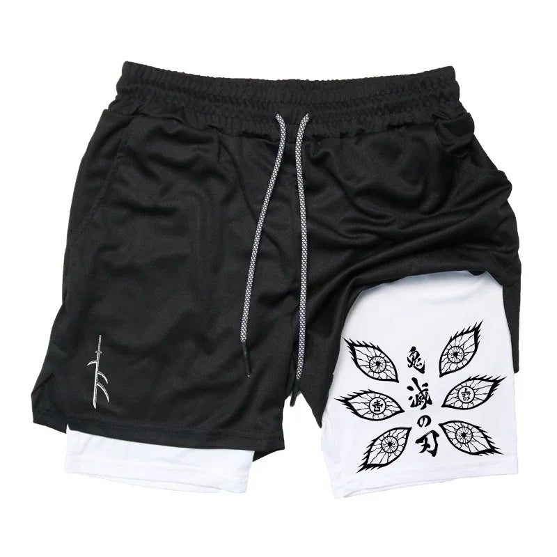 New Demon Slayer Anime Printed Running Double Shorts Men's Summer New Gym Sports Cycling Hiking New 2-in-1 Shorts