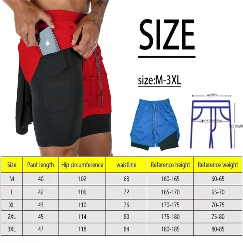 Print 2-in-1 men's running shorts, gym workout with mobile phone pocket, towel ring, summer sportswear