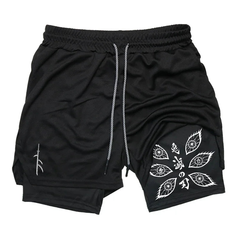 New Demon Slayer Anime Printed Running Double Shorts Men's Summer New Gym Sports Cycling Hiking New 2-in-1 Shorts