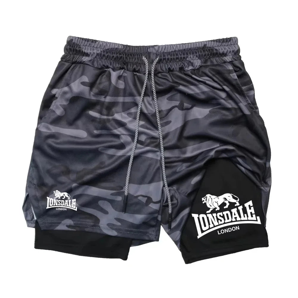 Print 2-in-1 men's running shorts, gym workout with mobile phone pocket, towel ring, summer sportswear