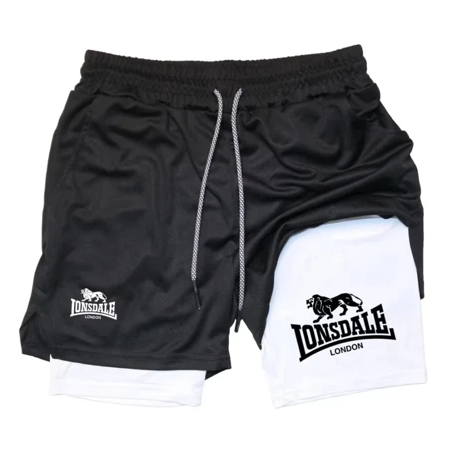 Print 2-in-1 men's running shorts, gym workout with mobile phone pocket, towel ring, summer sportswear